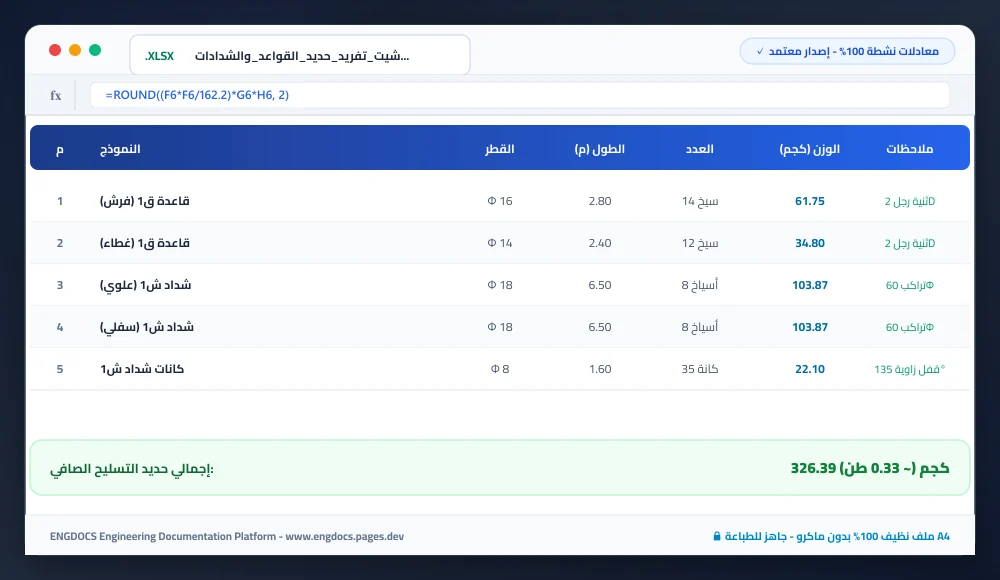 شيت تفريد وحصر حديد القواعد والشدادات Excel بالمعادلات ونسب الهالك - الإصدار المعتمد