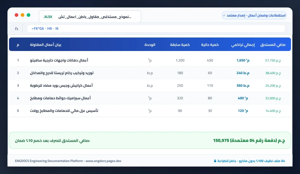 نموذج مستخلص مقاول باطن أعمال تشطيبات Excel بالمعادلات والاستقطاعات - الإصدار المعتمد